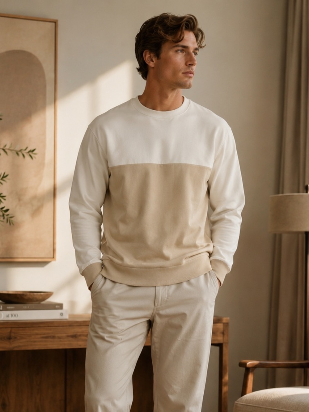 Men's Color Block Crew Neck Sweatshirt XL Beige & Cream Made in India Minimal